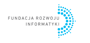 Logo Fundacji Rozwoju Informatyki, zawiera stylizowany napis z lewej strony, wyrównany po prawej do połowy koła składającego się z małych kółeczek w kolorze niebieskim, otwartego na napis.