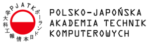 Logo Polsko-Japońskiej Akademii Technik Komputerowych zawierające stylizowany znak graficzny (polska flaga wpisana w koło z otaczającym napisem (znaki japońskie) oraz nazwą uczelni znajdująca się po prawej stronie