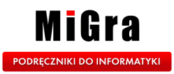 Logo wydawnictwa MiGra zawierające stylizowany napis z nazwą firmy oraz znajdujący się poniżej podpis Podręczniki do informatyki